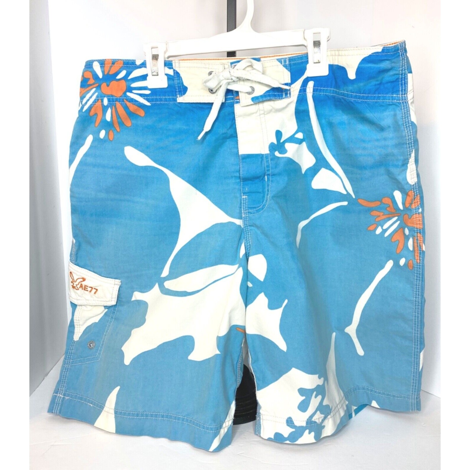 American Eagle Blue Floral Board Swim Cargo Unlined Shirts Sz 34 Cotton Nylon